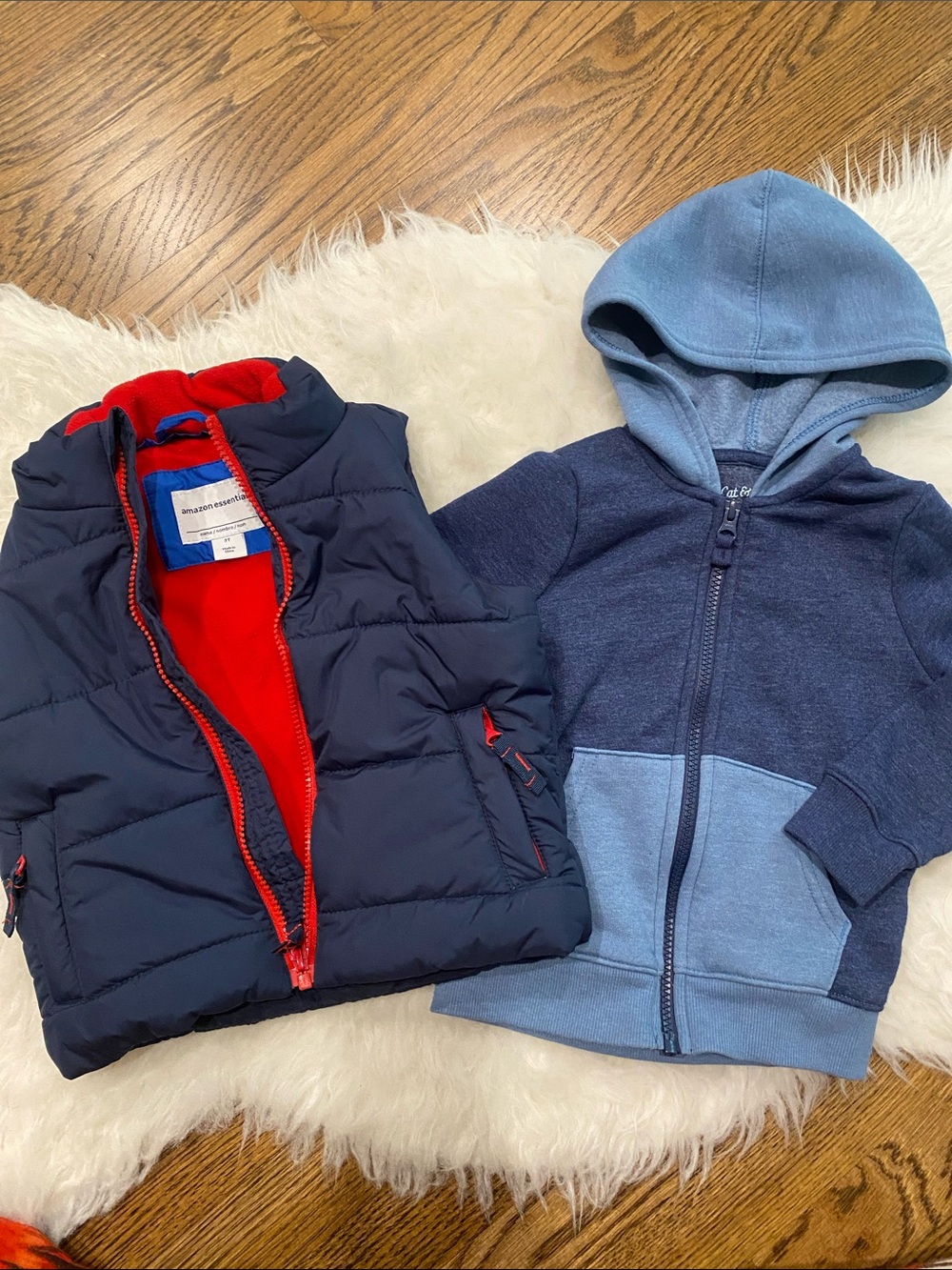 Amazon Essentials Navy Puffer Vest with Red Lining & Blue Hooded Zip Sweatshirt